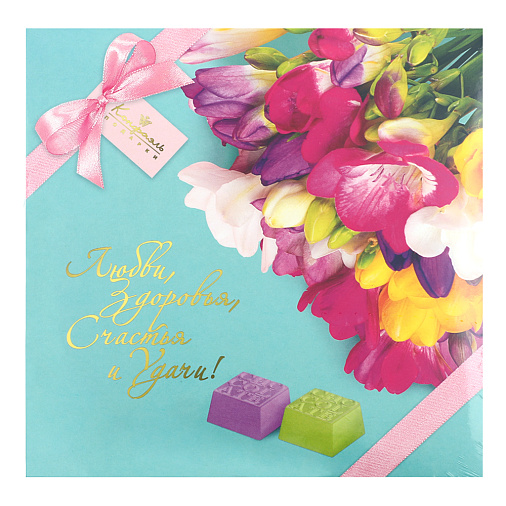 Набор конфет ассорти с декором цветы и пожеланиями 145г