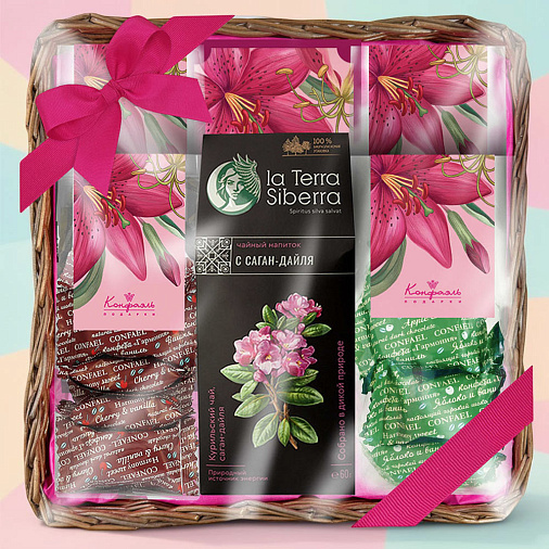 Подарочная корзина: конфеты глазированные, конфеты "Ассорти", чайный напиток 