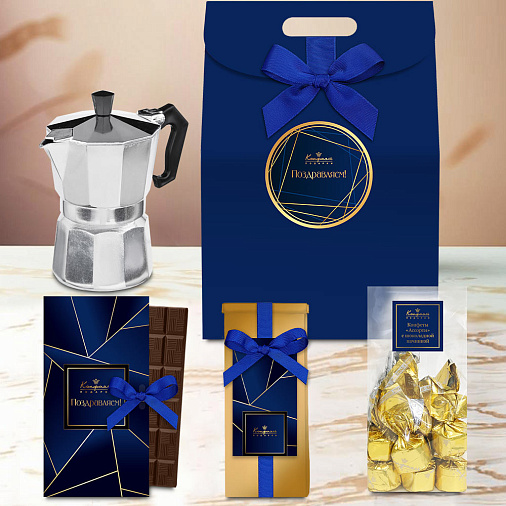 Подарочный набор: шоколад, кофе, кофеварка, ассорти 310г