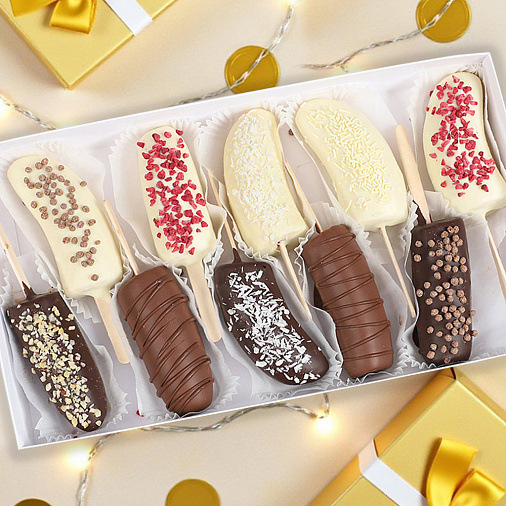 Свежие бананы в горьком, молочном, белом шоколаде набор 700г