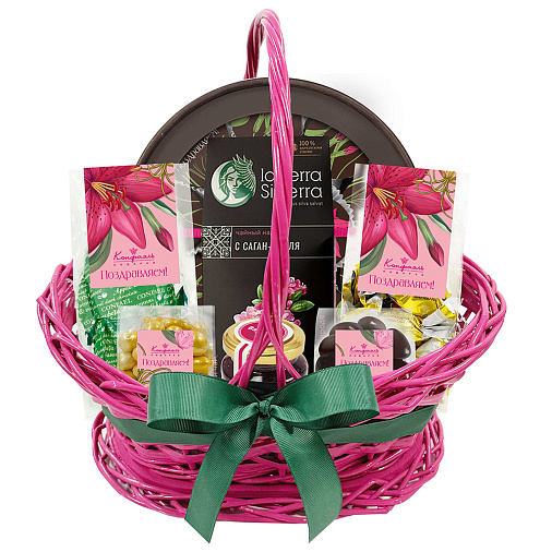 Подарочная корзина: драже, конфеты глазированные, варенье, чай