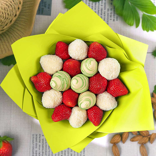 Свежая клубника в шоколаде букет 550г салатовый